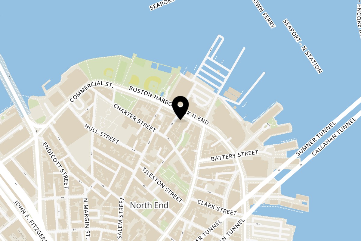 Map showing the location of Rocco's Cucina & Bar on 450 Commercial St in Boston